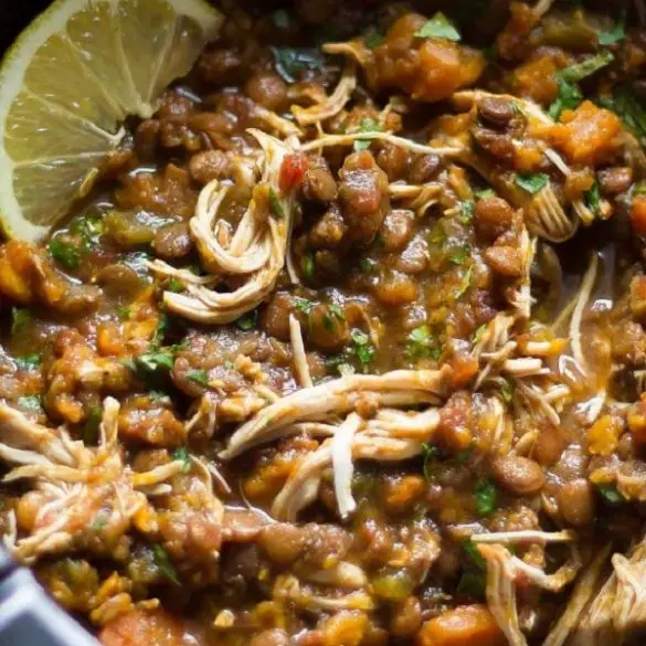Crock pot chicken lentil stew recipe. Chicken breasts with vegetables and spices cooked in a slow cooker. Slow cooker #crockpot #chicken #lenti;l #stew #dinner #homemade