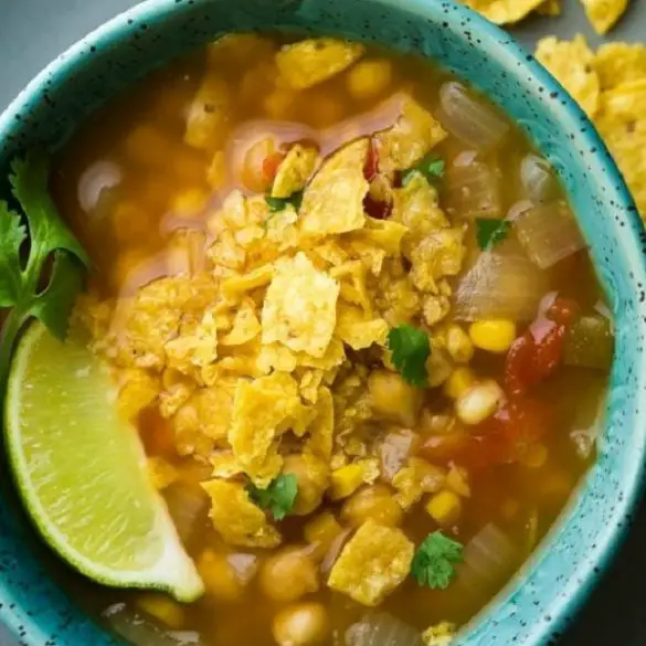 crock pot chickpea tortilla soup recipe. Chickpeas with vegetables and spices cooked in a slow cooker #crockpot #slowcooker #mexican #dinner #vegetarian #vegan #soup #chickpeas #tortilla