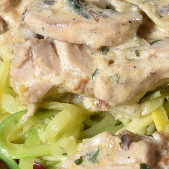 Instant pot keto chicken Stroganoff recipe. Chicken thighs with mustard, heavy cream, and mushrooms cooked in an instant pot and served over zucchini noodles. #instantpot #pressurecooker #chicken #stroganoff #keto #diet #lowcarb #dinner #homemade