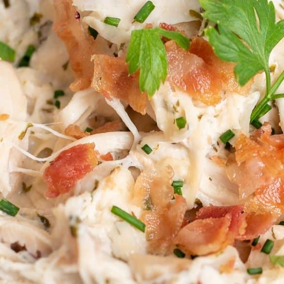Slow cooker keto crack chicken recipe. Boneless and skinless chicken breasts with cream cheese, bacon, and chicken broth cooked in a slow cooker. Easy and yummy! #slowcooker #crockpot #chicken #lowcarb #keto #diet #dinner #healthy #easy