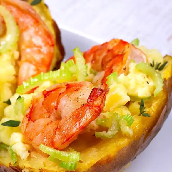 Instant pot shrimp-stuffed potatoes. Get dinner on the table in a flash with this easy Instant Pot recipe for cheesy shrimp-stuffed potatoes. #pressurecooker #instantpot #shrimp #seafood #dinner #homemade #recipes #healthy